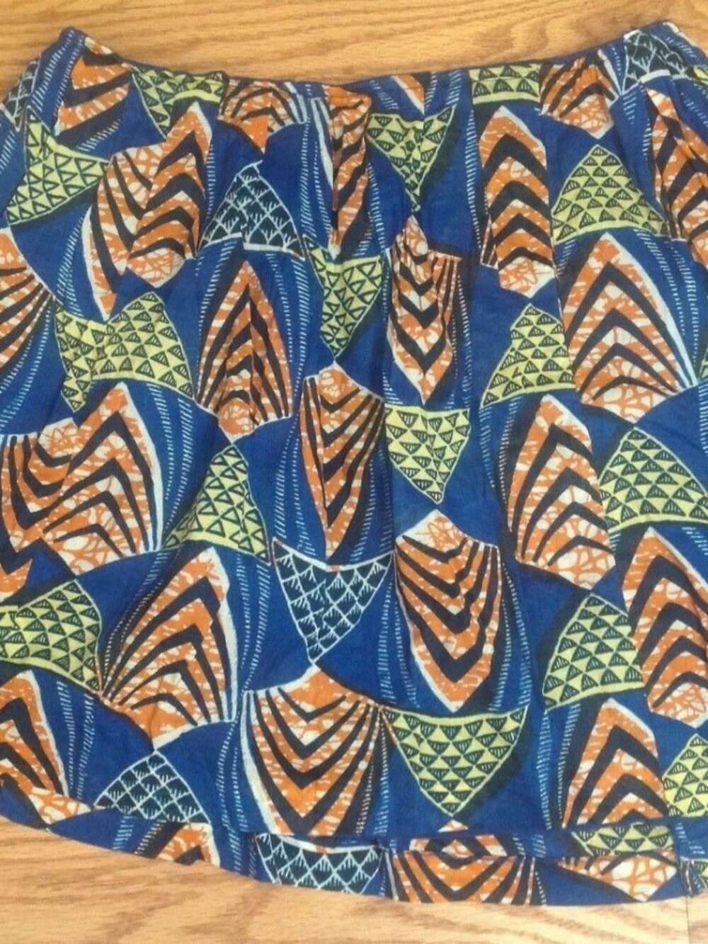 VINTAGE AFRICAN PRINT SKIRT WOMENS S ELASTIC WAIST BLUE ORANGE MINI 26"-32"x15"